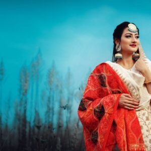 Portrait of a woman in traditional clothing with vibrant colors against a blue sky, showcasing elegance and cultural fashion.